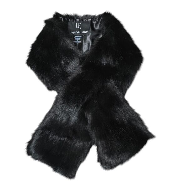 UF Unreal Fur Black Faux Fur Scarf Thread-Through Stole Modacrylic Vegan Luxury - Picture 3 of 7